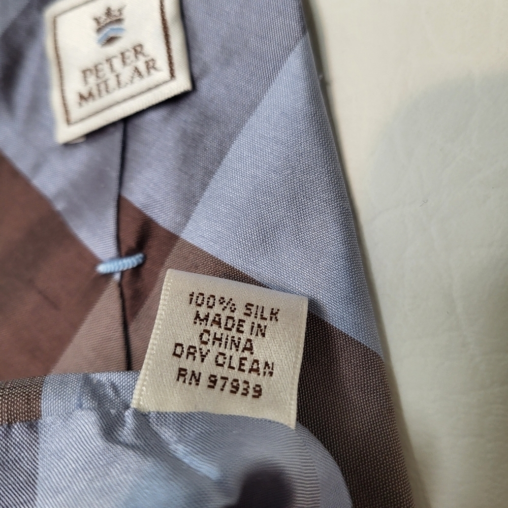 Peter Millar neck tie light blue brown plaid 100% shantung silk - Picture 6 of 6